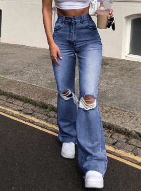 阔腿裤高腰宽松休闲长裤水洗破洞牛仔裤女Women's ripped jeans