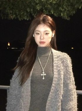 韩系小众设计感银色十字架项链复古辣妹风个长款颈链yk颈饰女