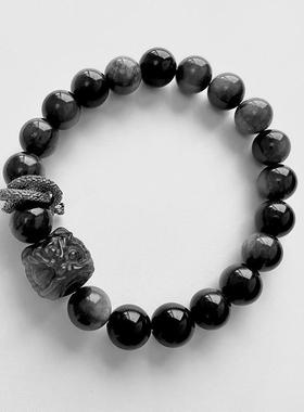 原创设计黑曜石转运珠手链男生新年银曜石手串醒狮蛇年送礼物
