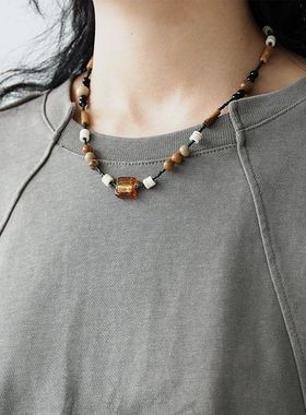贰狸手作「咖色方块」串珠项链日系复古文艺小众个古风禅意配饰