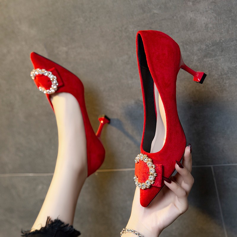 红青蜓女鞋法式尖头浅口单鞋细跟绒面中跟黑色高跟鞋水钻工作鞋女 - 图2