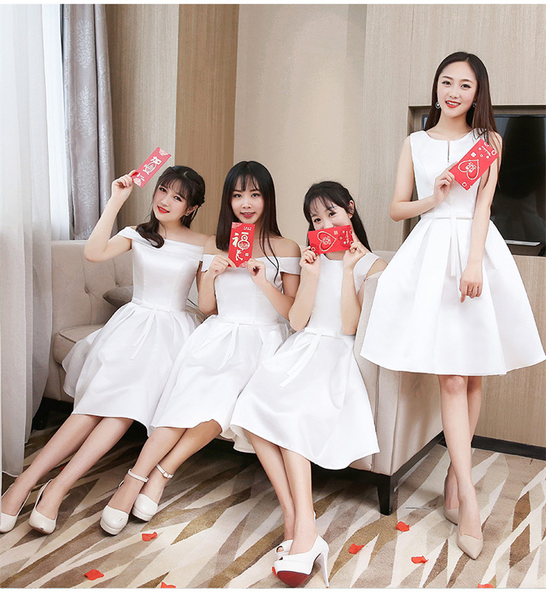 白色短款伴娘服2024新款缎面仙气质姐妹团伴娘裙演出毕业小礼服女