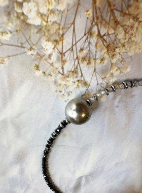 黑白项链天然锆石铂金灰女贝珠