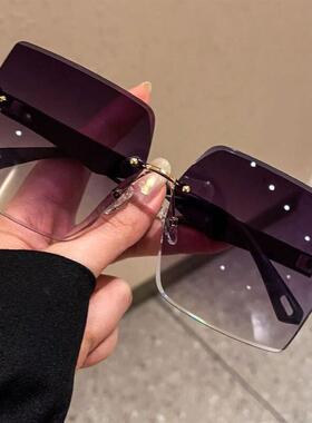 大框大脸墨镜女ins风级感茶色2024新款无框太阳镜方框防晒眼镜