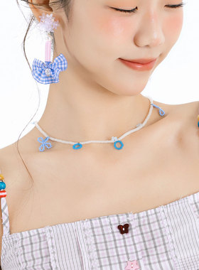 蒜了蓝色串珠花朵项链生日礼物锁骨链原创设计小众感闺蜜颈链饰品