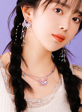 长款紫色原创蝴蝶项链手工串珠锁骨链小众设计可调节双层颈链少女