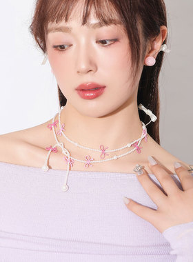 蒜了珍珠项链粉色蝴蝶结可爱芭蕾风锁骨链少女气质多层可多戴颈链