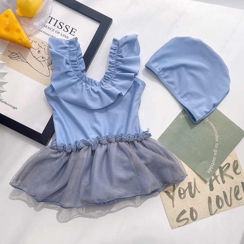 女童泳衣新款公主风网纱裙式连体女孩游泳衣ins度假中小童泳装 - 图3