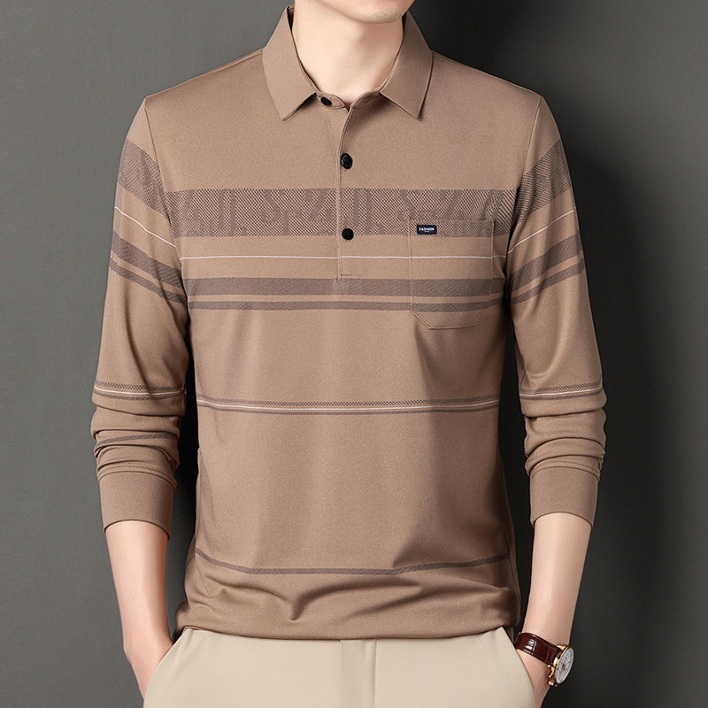春秋季长袖t恤男士真口袋翻领爸爸装中老年条纹宽松打底Polo衫男,淘宝优惠券,粉丝福利购,淘宝优惠卷
