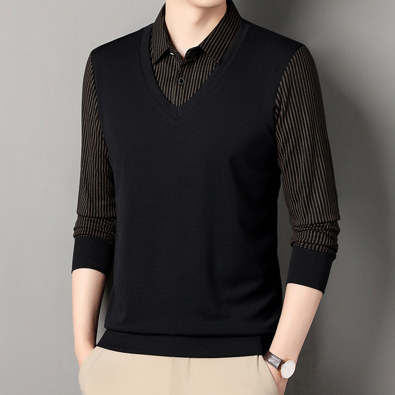 春秋季长袖假两件t恤爸爸装免烫抗皱商务休闲条纹衬衫领Polo衫男,淘宝优惠券,粉丝福利购,淘宝优惠卷