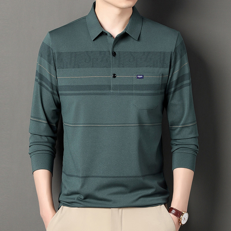 春秋季长袖t恤男士真口袋翻领爸爸装中老年条纹宽松打底Polo衫男,淘宝优惠券,粉丝福利购,淘宝优惠卷