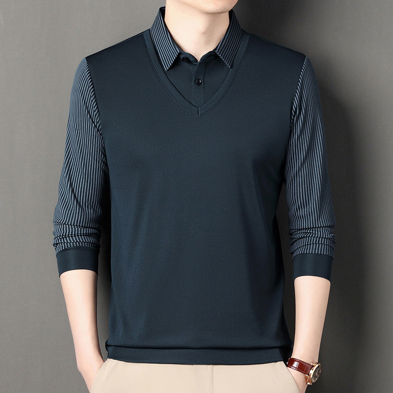 春秋季男士薄款长袖T恤商务休闲衬衫领假两件爸爸男装宽松打底衫,淘宝优惠券,粉丝福利购,淘宝优惠卷