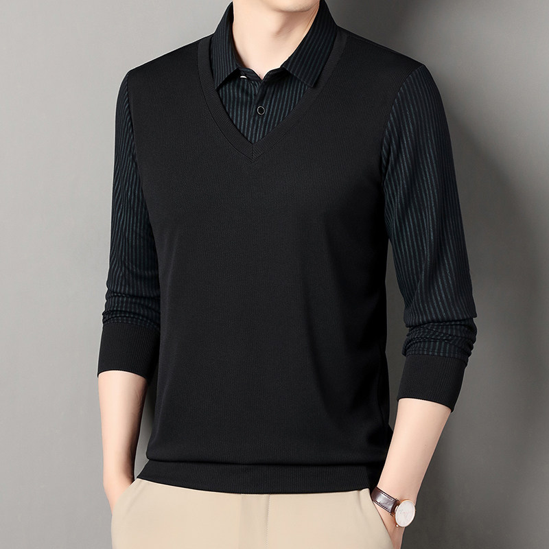 春秋季长袖假两件t恤爸爸装免烫抗皱商务休闲条纹衬衫领Polo衫男,淘宝优惠券,粉丝福利购,淘宝优惠卷