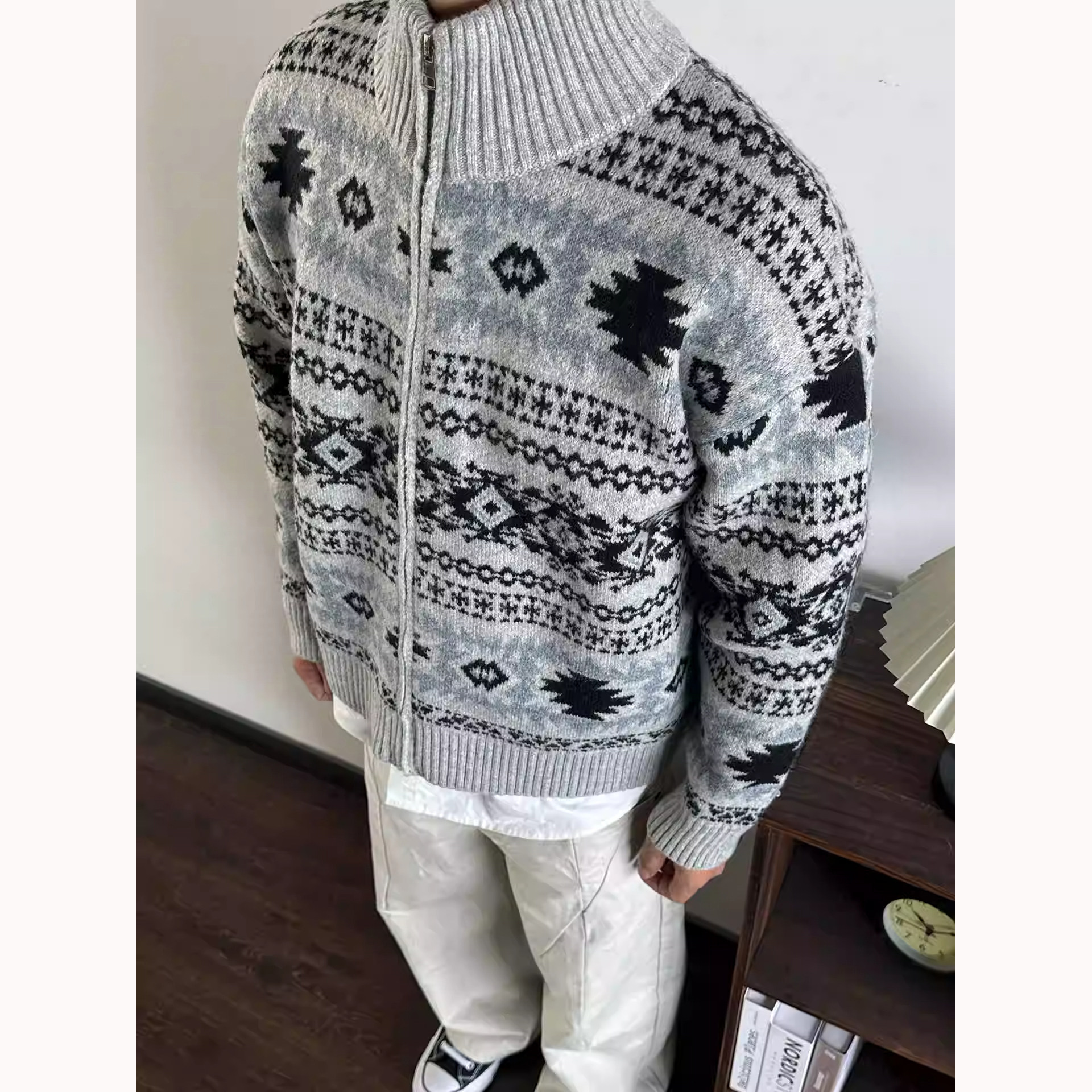 美式复古立领费尔岛提花开衫毛衣男针织衫夹克宽松保暖外套毛线衣,淘宝优惠券,粉丝福利购,淘宝优惠卷