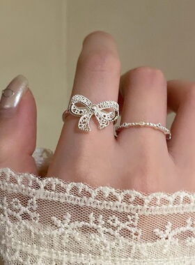 银色蕾丝蝴蝶结开口食指戒女款
