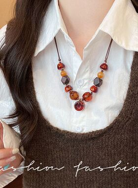 复古木质琥珀色异形树脂串珠吊