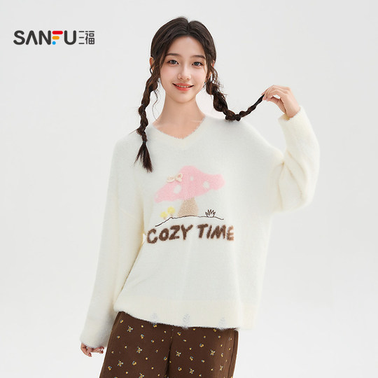 三福毛衣秋冬慵懒高级感2025新款蘑菇图案V领宽松上衣女装510472