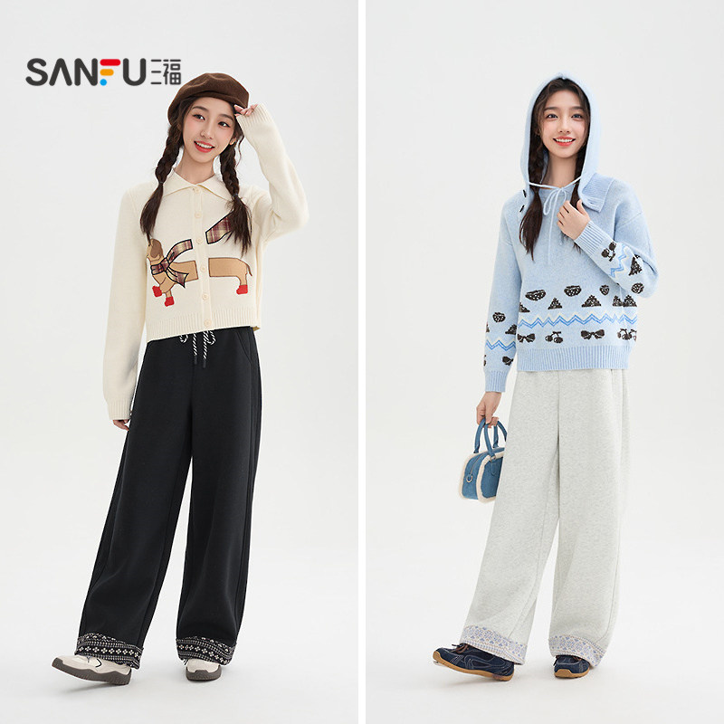 三福加绒裤子2025新款冬季花纹裤脚高腰宽松阔腿休闲裤女装514635
