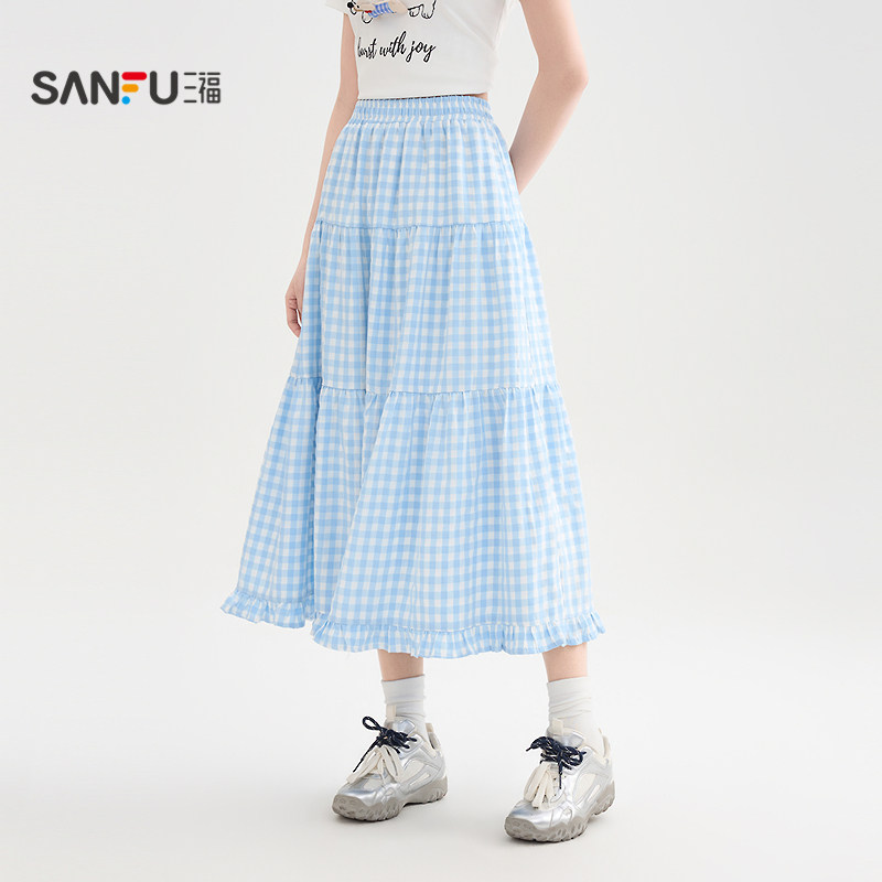 三福黑色裙子2026新款夏季松紧高腰甜美荷叶边优雅a字半身裙女装