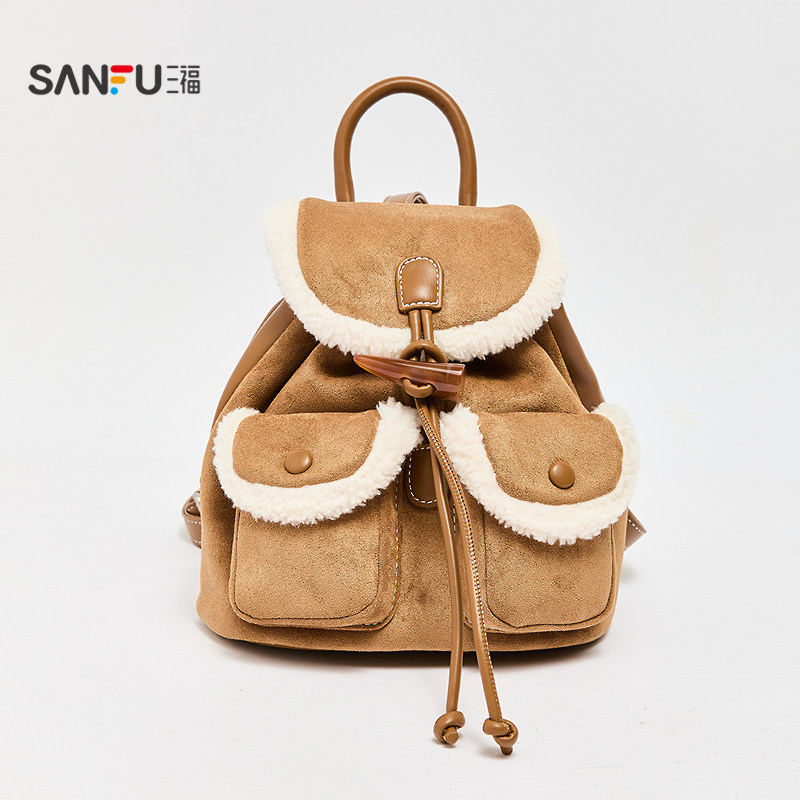 三福背包冬季韩系绒绒学院风双肩包多口袋翻盖包女包512753,淘宝优惠券,粉丝福利购,淘宝优惠卷