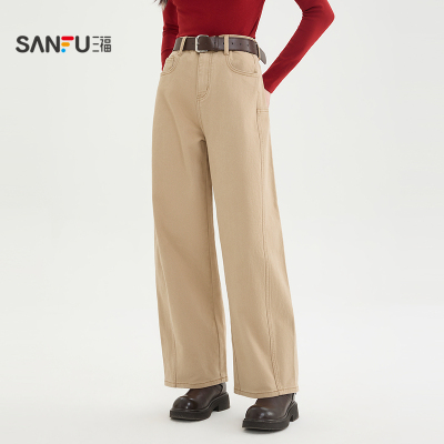 三福牛仔裤女2026新款春季时尚弯刀裤宽松卡其色长裤子女装515777