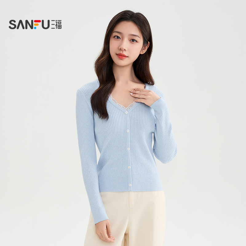 三福毛衣女2025新款冬季蕾丝V领毛针织衫气质内搭上衣女装509073 - 图0