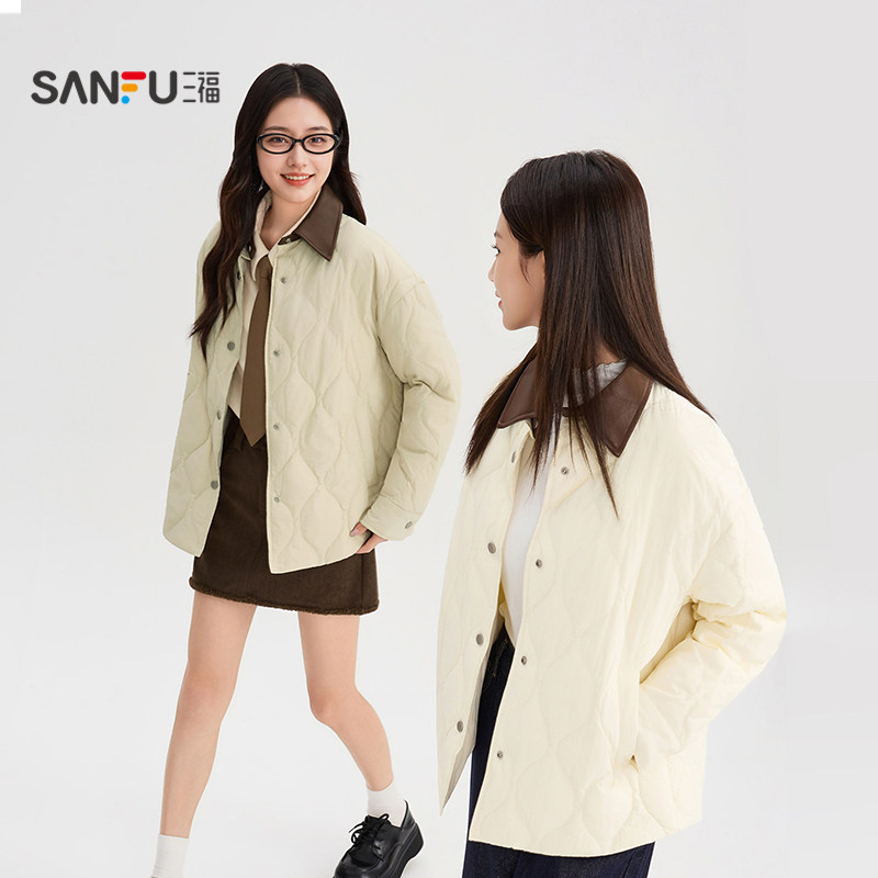 三福羽绒服女款2025冬季新款小个子皮翻领衬衫式轻薄保暖外套女装