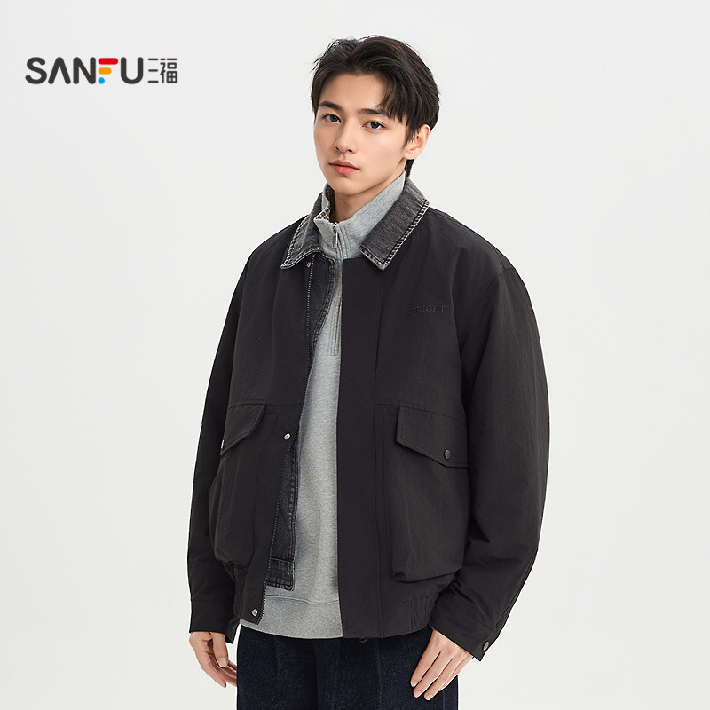 三福2026春季男士牛仔领裥棉短棉衣工装大口袋宽松外套516506,淘宝优惠券,粉丝福利购,淘宝优惠卷