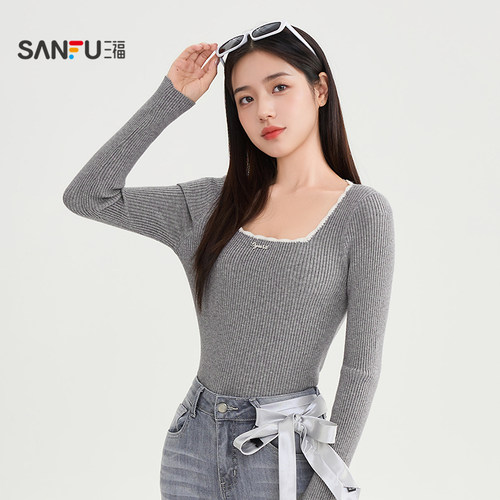 三福打底衫2025新款秋季蕾丝拼接方领修身内搭针织上衣女装505944 - 图2