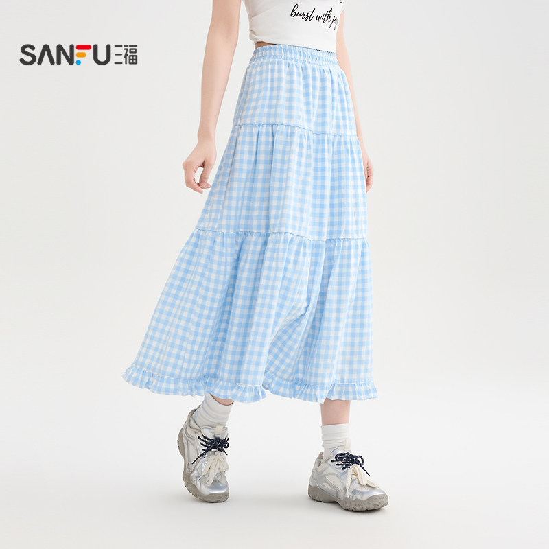 三福黑色裙子2026新款夏季松紧高腰甜美荷叶边优雅a字半身裙女装