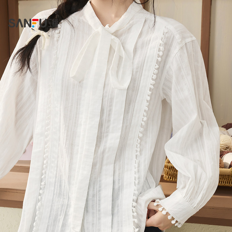 三福白色衬衫女2026新款春季小球花边绑带领口休闲上衣女装515487,淘宝优惠券,粉丝福利购,淘宝优惠卷