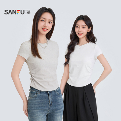 三福短袖T恤女2026新款夏季褶皱设计感修身圆领短款白色上衣女装