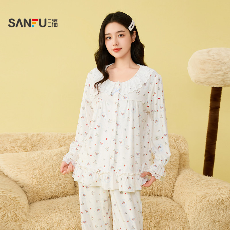 三福女冬季软萌印花花边圆领睡衣套装 甜美长袖家居服507860,淘宝优惠券,粉丝福利购,淘宝优惠卷