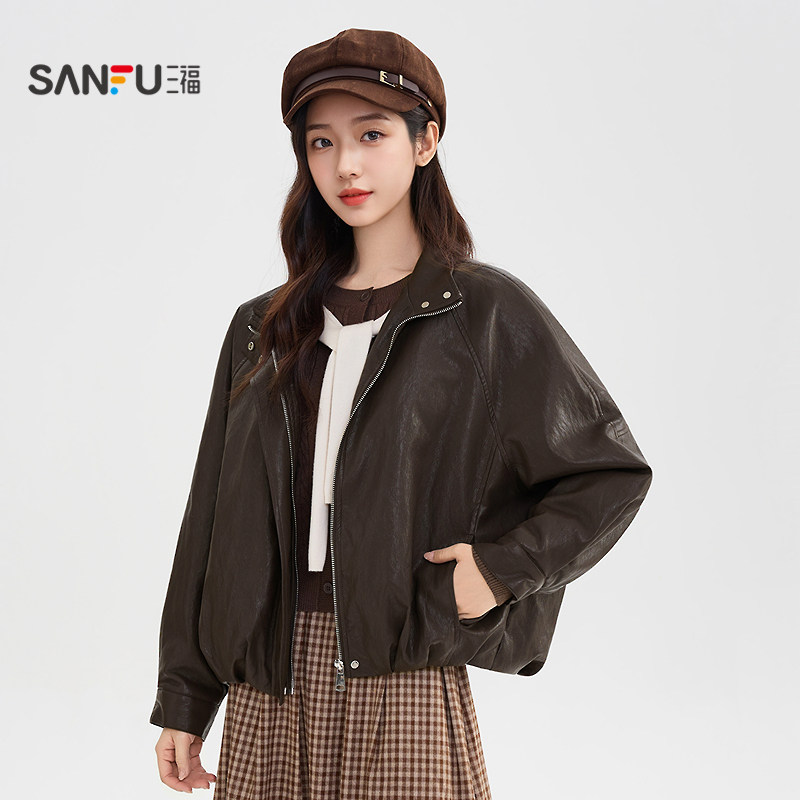 三福皮衣外套2025新款冬季复古宽松加绒保暖软皮衣夹克女装513300,淘宝优惠券,粉丝福利购,淘宝优惠卷
