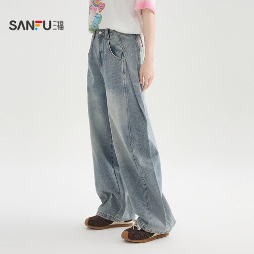 三福浅蓝牛仔裤女2026新款夏季侧边打褶弯刀裤宽松裤子女装520346 - 图0