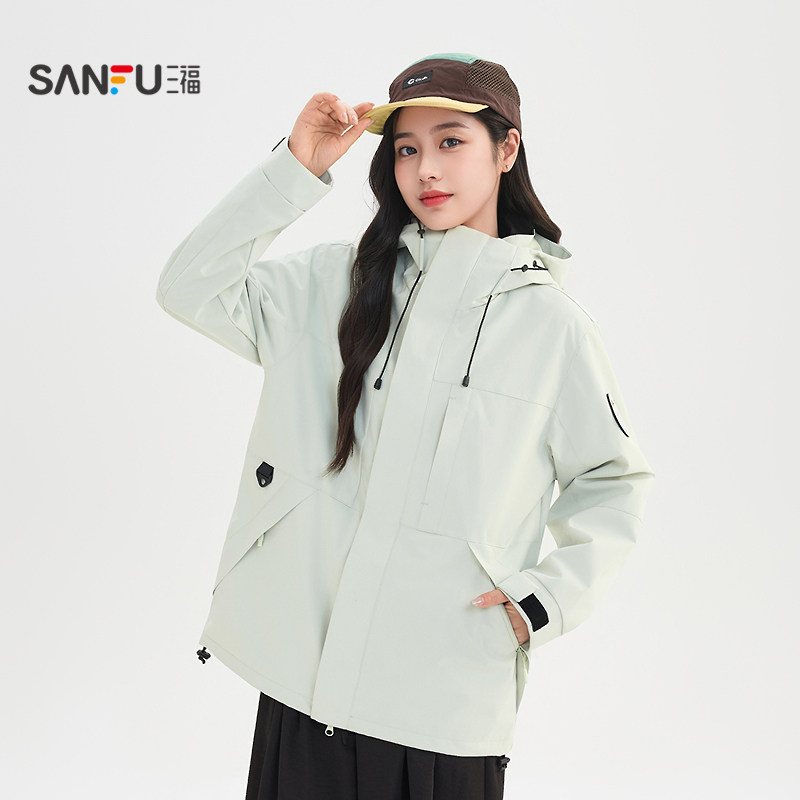 三福户外工装风外套女2026新款春季可拆连帽多口袋宽松多巴胺女装