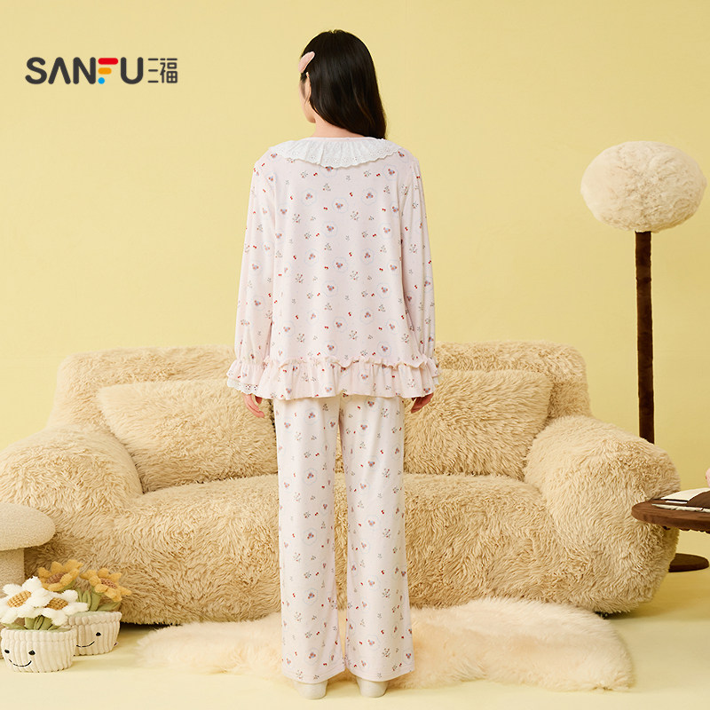 三福女冬季软萌印花花边圆领睡衣套装 甜美长袖家居服507860,淘宝优惠券,粉丝福利购,淘宝优惠卷