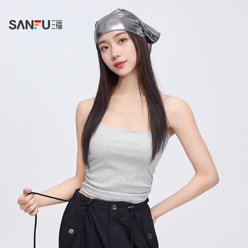 三福吊带背心女2025春季带胸垫褶皱设计感辣妹短款上衣女装495894
