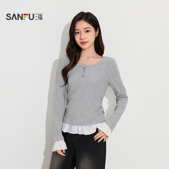 Sanfu women's autumn slightly loose pleated button lace single clothes, casual bottoming, long-sleeved top 504758