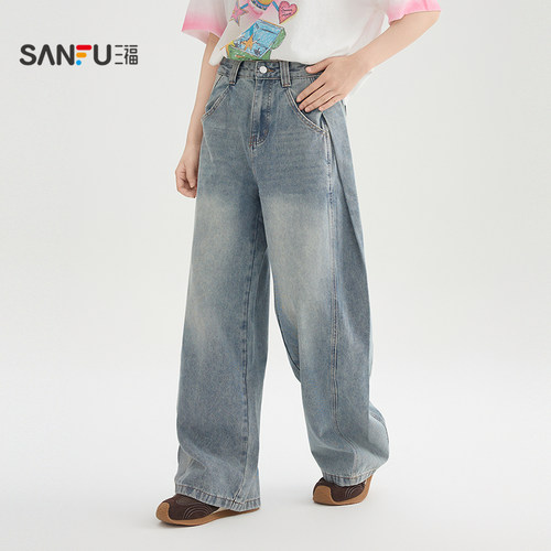 三福浅蓝牛仔裤女2026新款夏季侧边打褶弯刀裤宽松裤子女装520346 - 图2