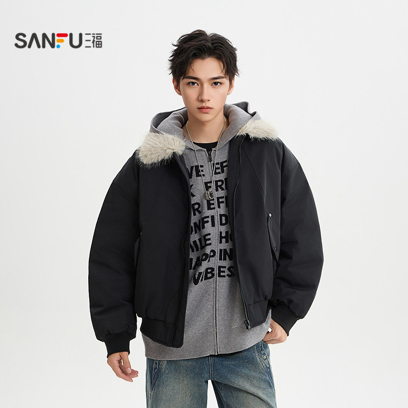 三福2025冬季男士毛领飞行员棉衣 街头潮酷翻领棉服外套511834,淘宝优惠券,粉丝福利购,淘宝优惠卷