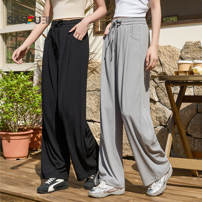 三福休闲裤2026新款夏季宽松高腰显瘦阔腿裤直筒灰色坑条裤子女装
