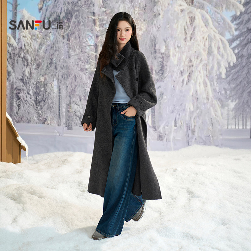 三福毛呢大衣2025新款冬季韩系气质大翻领宽松呢子外套女装514026,淘宝优惠券,粉丝福利购,淘宝优惠卷