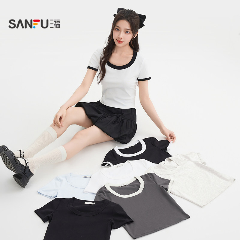 三福T恤女2025新款夏季大圆领时尚短袖简约百搭修身短款上衣女装