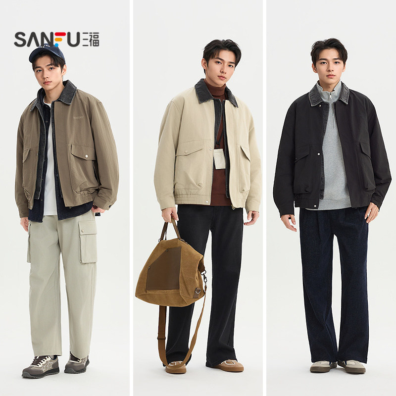 三福2026春季男士牛仔领裥棉短棉衣工装大口袋宽松外套516506,淘宝优惠券,粉丝福利购,淘宝优惠卷