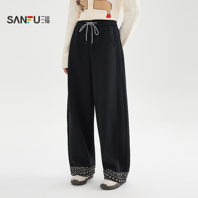 三福加绒裤子2025新款冬季花纹裤脚高腰宽松阔腿休闲裤女装514635