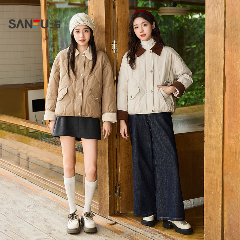 三福棉衣棉服2025新款冬季拼接灯芯绒翻领棉袄小个子宽松外套女装