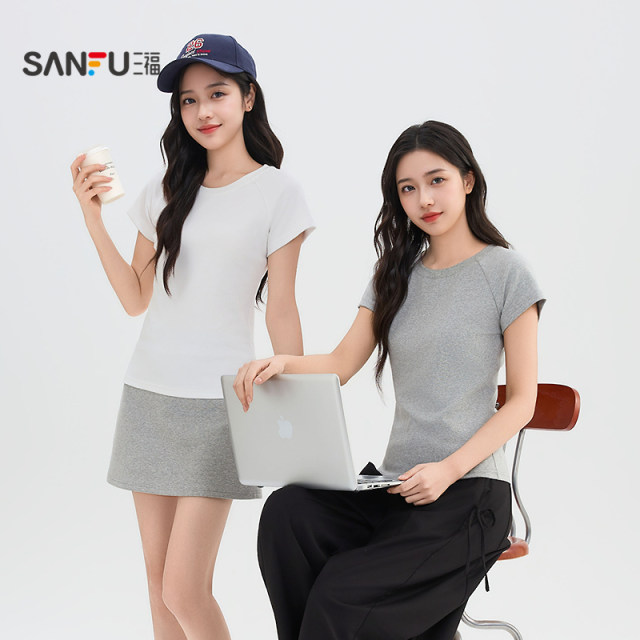 ເສື້ອຍືດແຂນສັ້ນ Sanfu slim ສີແຂງຂອງແມ່ຍິງ 2026 ລະດູຮ້ອນໃຫມ່ ເສື້ອທີເຊີດຄໍ raglan ແບບງ່າຍດາຍສໍາລັບແມ່ຍິງ