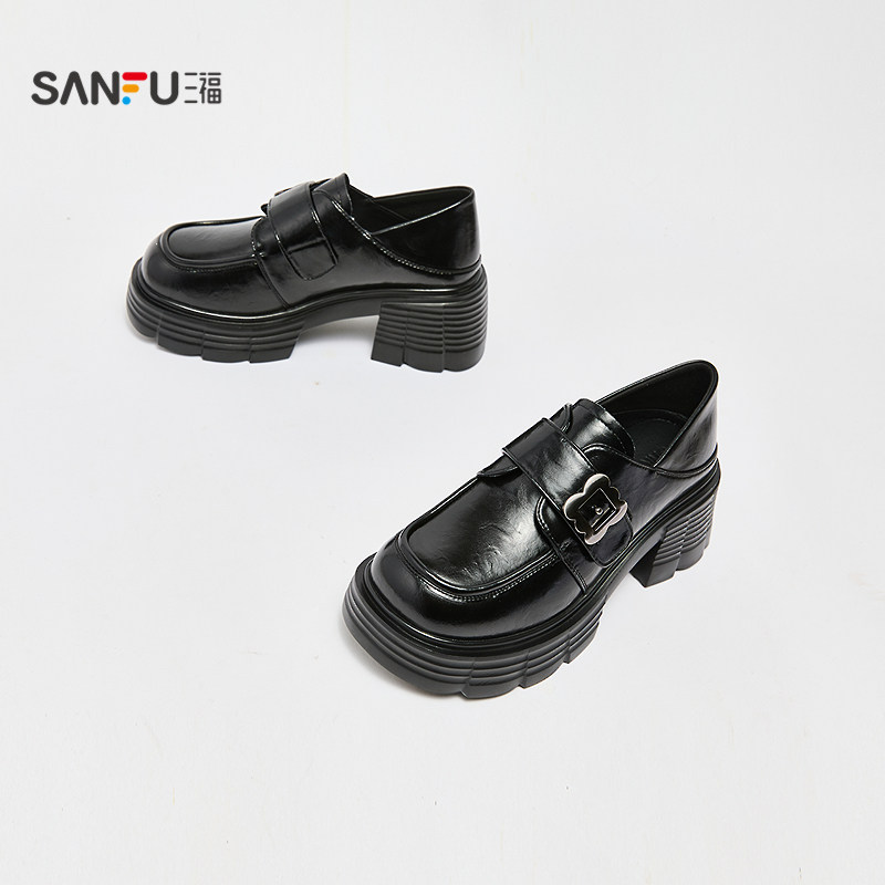 三福女乐福鞋秋季智性学院一字带花形扣件厚底圆头女鞋846834,淘宝优惠券,粉丝福利购,淘宝优惠卷