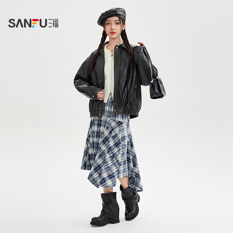 三福皮衣外套女2025新款冬季时尚简约翻领加绒黑色夹克女装849952,淘宝优惠券,粉丝福利购,淘宝优惠卷